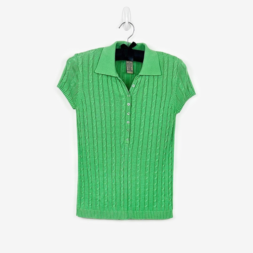 525 America Cable Knit Polo Shirt Size S Green Sweater Knitwear Preppy Academia
